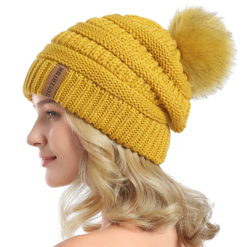 QUEENFUR Women Knit Slouchy Beanie Chunky Baggy Hat with Faux Fur Pompom Winter Soft Warm Ski Cap - Image 1